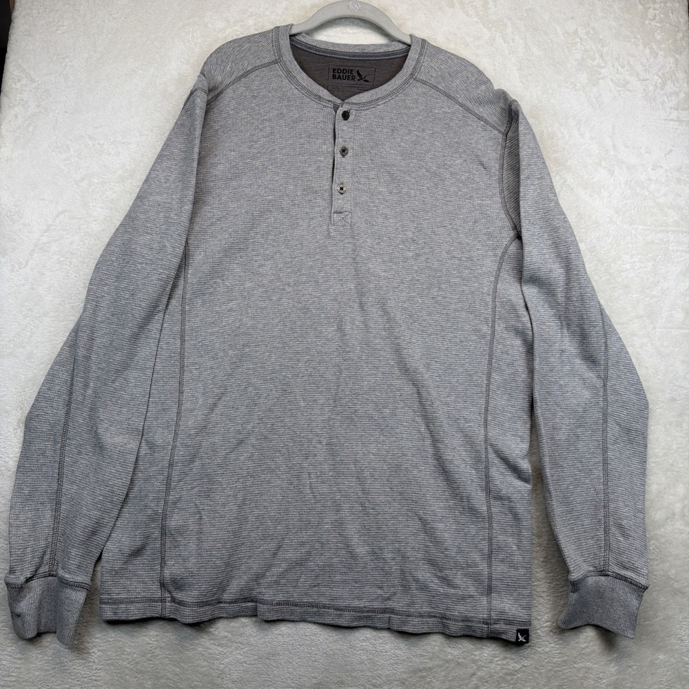 Eddie Bauer Waffle Henley Men's Large Tall LT Gray Thermal Long Sleeve Shirt